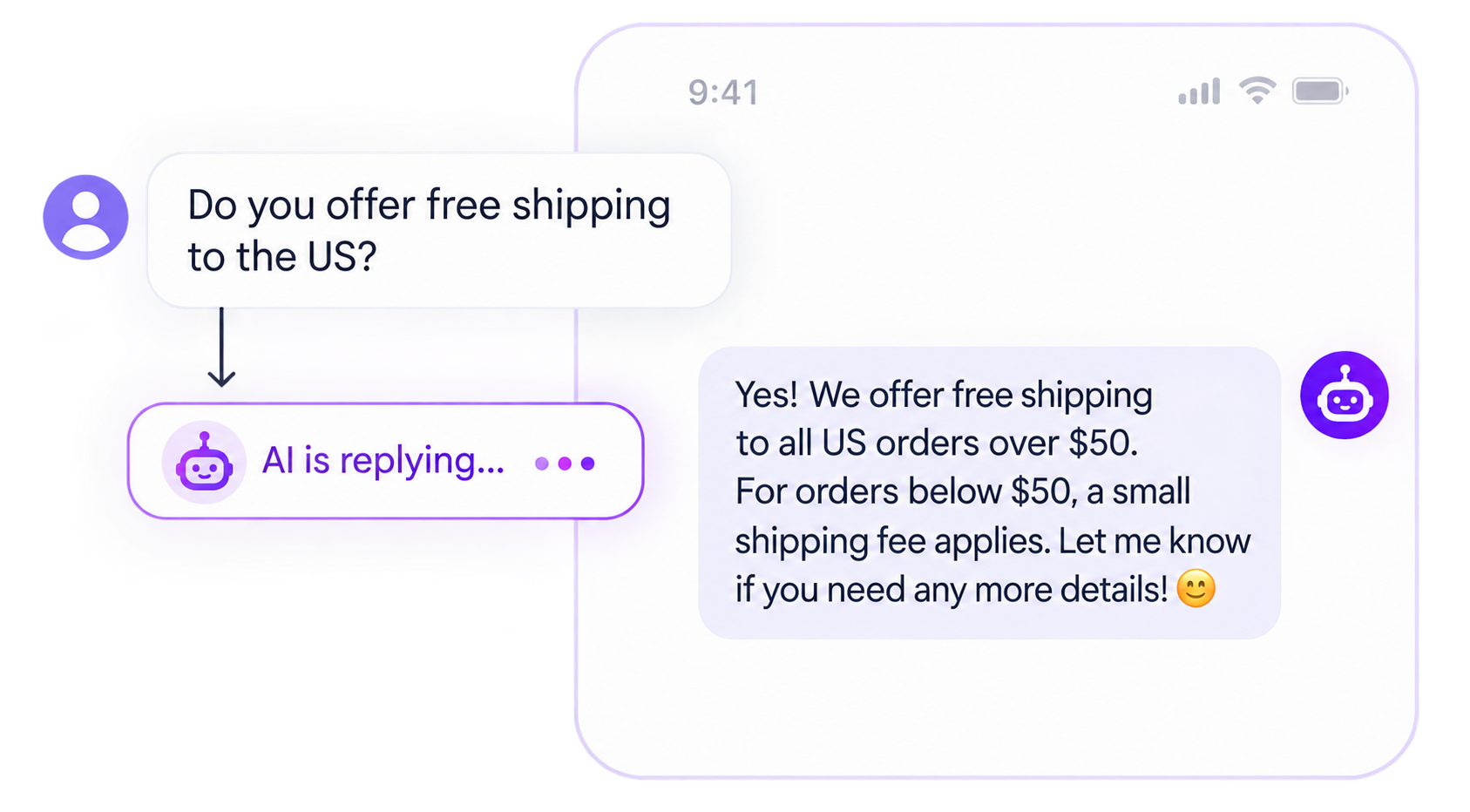 A customer question answered automatically in the DM thread